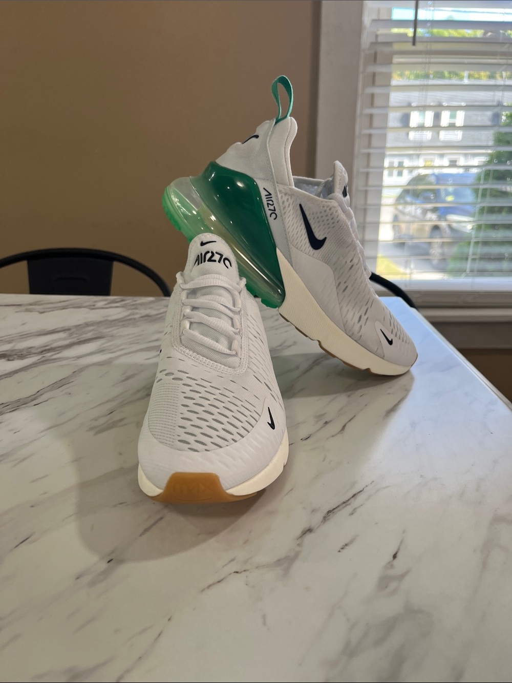 Nike Air Max 270 White Sneakers with Green Air Unit and Black Swoosh